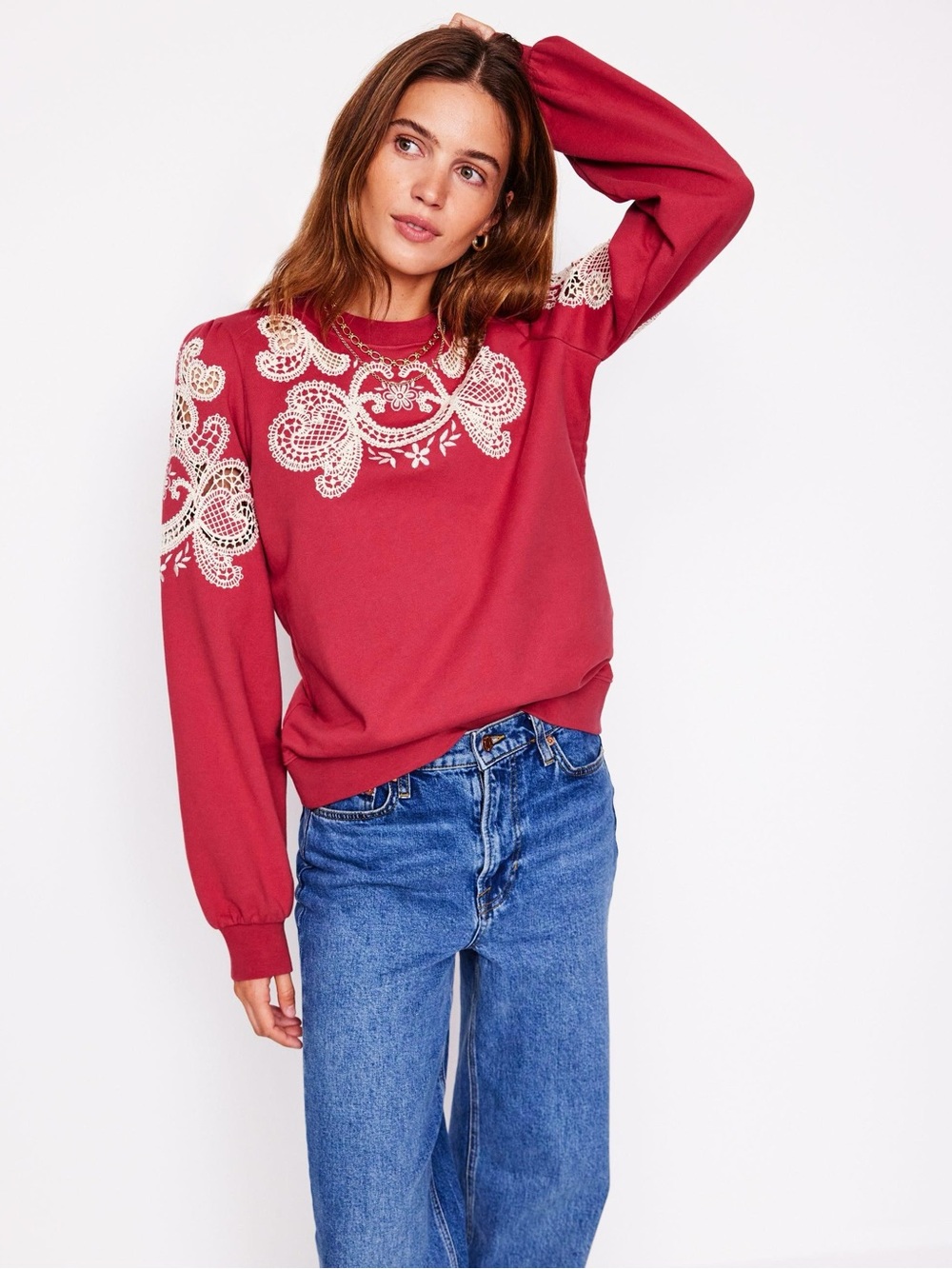 Boden Puff Sleeve Cutwork Sweatshirt